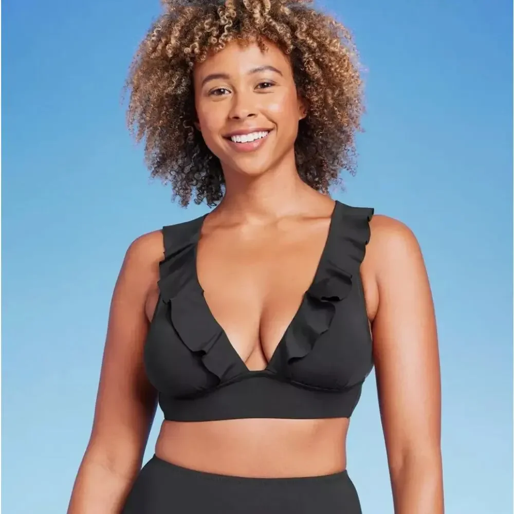 Shade & Shore Black Ruffle Bikini Top Medium NWT - Picture 3 of 6